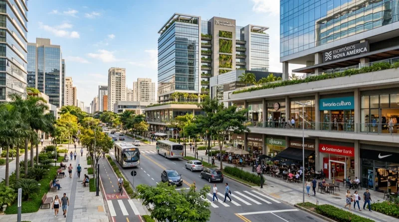 Área comercial moderna com lojas em loteamento planejado
