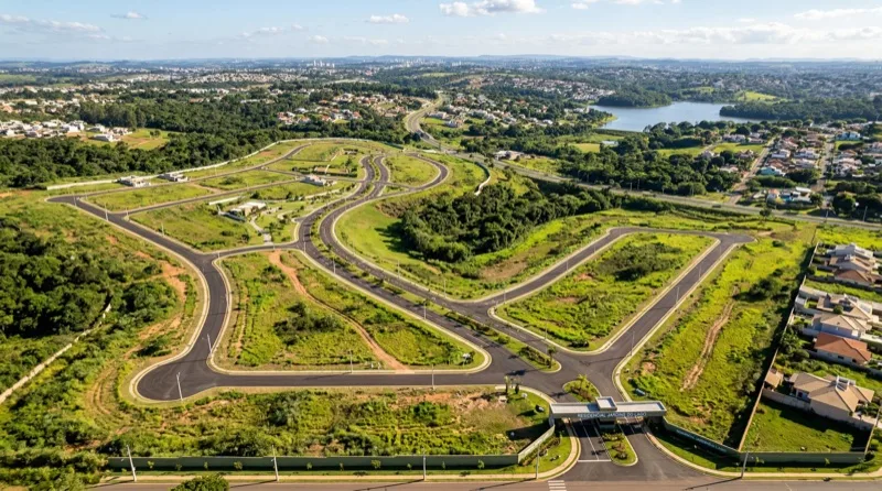 Vista aérea de loteamento residencial com ruas pavimentadas e lotes prontos
