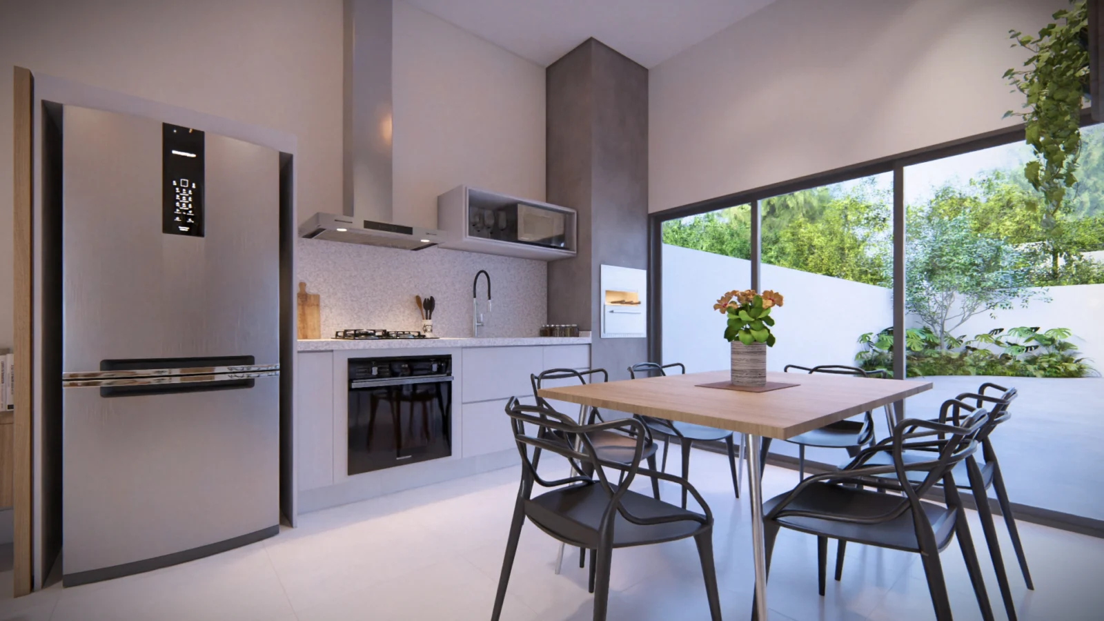 Cozinha com copa e vista para a área externa